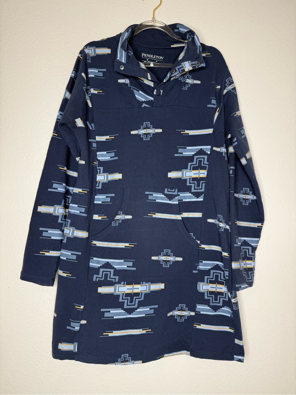 Pendleton Aztec Cotton Dress Snap Neck Navy S